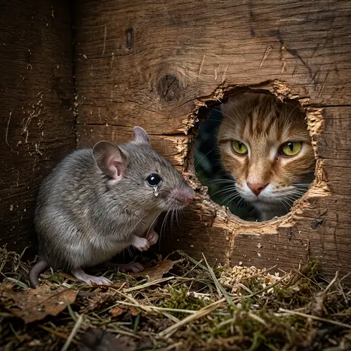 Grey Mouse in Wooden Burrow Watching Ginger Cat