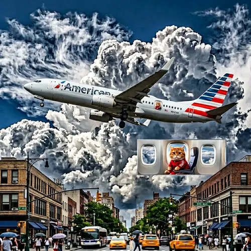 White Airplane with American Flag Soaring Through Clouds