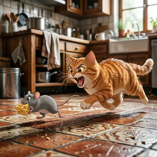 Delightful Ginger Cat Chasing Gray Mouse in High-Resolution Image