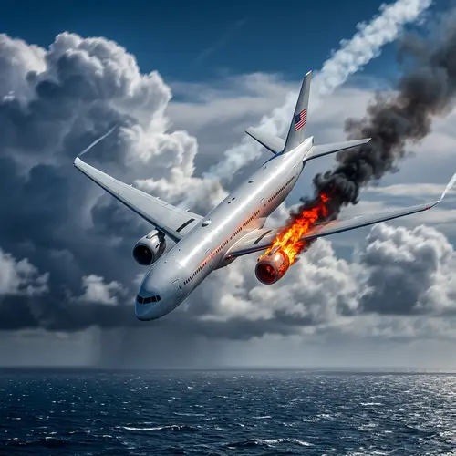 White Airplane with US Flag Descending Amidst Clouds in High Altitude