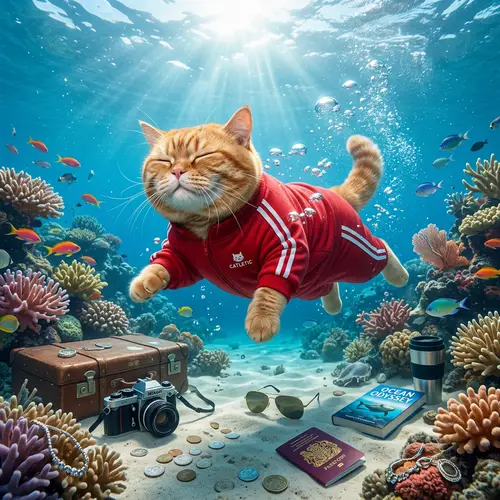British Breed Red-Haired Cat in Underwater Adventure