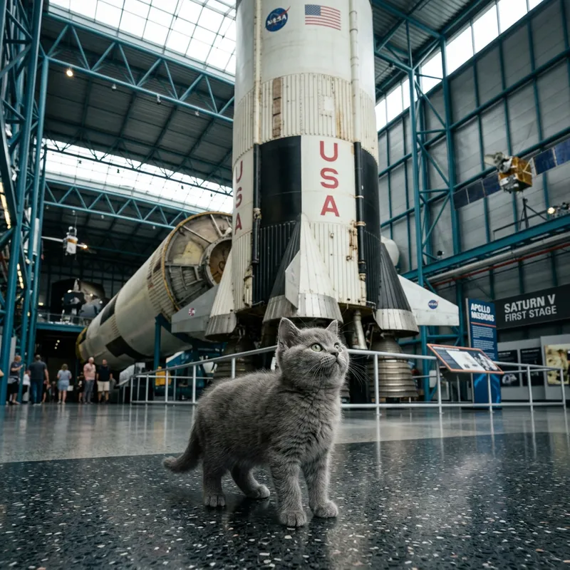Plush Grey Kitten Admiring Real-life Rocket in Space Museum