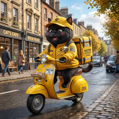 Chubby Cartoon-Style Black Cat Courier on Yellow Moped