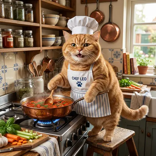 Chubby Ginger British Cat Chef Cooking in Kitchen