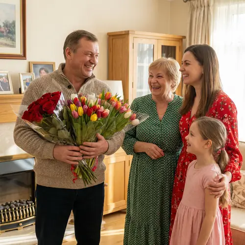 Heartwarming Family Moment with Bouquets of Tulips and Roses