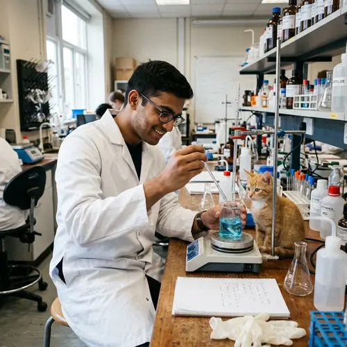 South Asian Scientist Conducts Experiment with Beakers in Lab