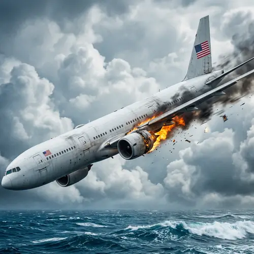 Hyperrealistic White Airplane Crash in American Flag Sky