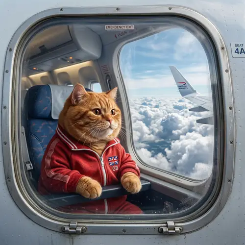 Red British Cat in Airplane | Chubby Cat in Red Tracksuit