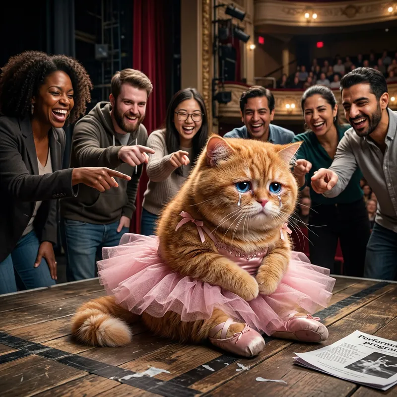 Adorable Cartoon Style Ginger Cat in Pink Tutu Crying