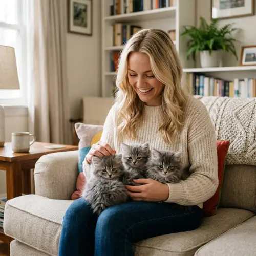 Beautiful Blonde Girl with Three Fluffy Gray Kittens