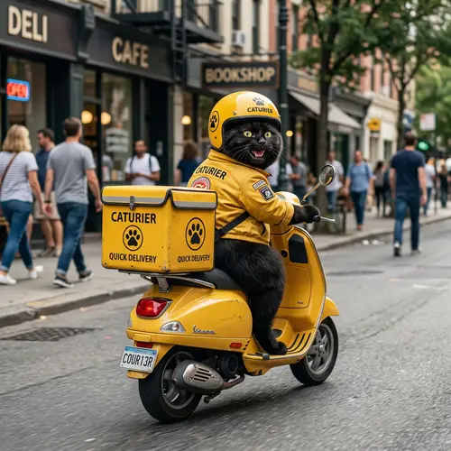 Realistic Cute Black Cat on Yellow Moped | Chubby Cartoon Cat in Real Life