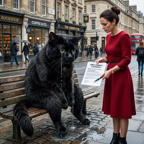 Sorrowful Cartoon Black Cat on Bench Receives Job Contract