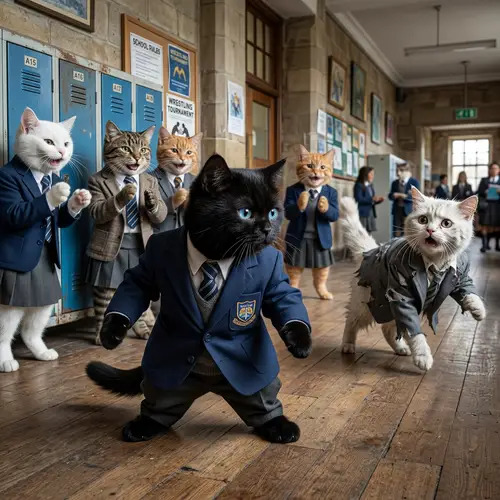 Real Life British Black Cat Wrestler in School Corridor