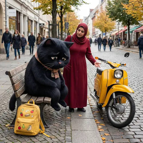 Chubby Animated Black Cat on Bench - Real Yellow Moped Scene