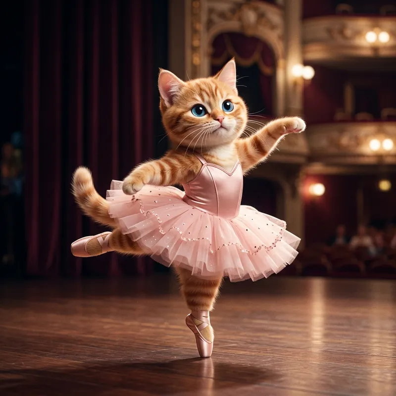 Elegant Ginger Cat Ballerina Dancing on Stage