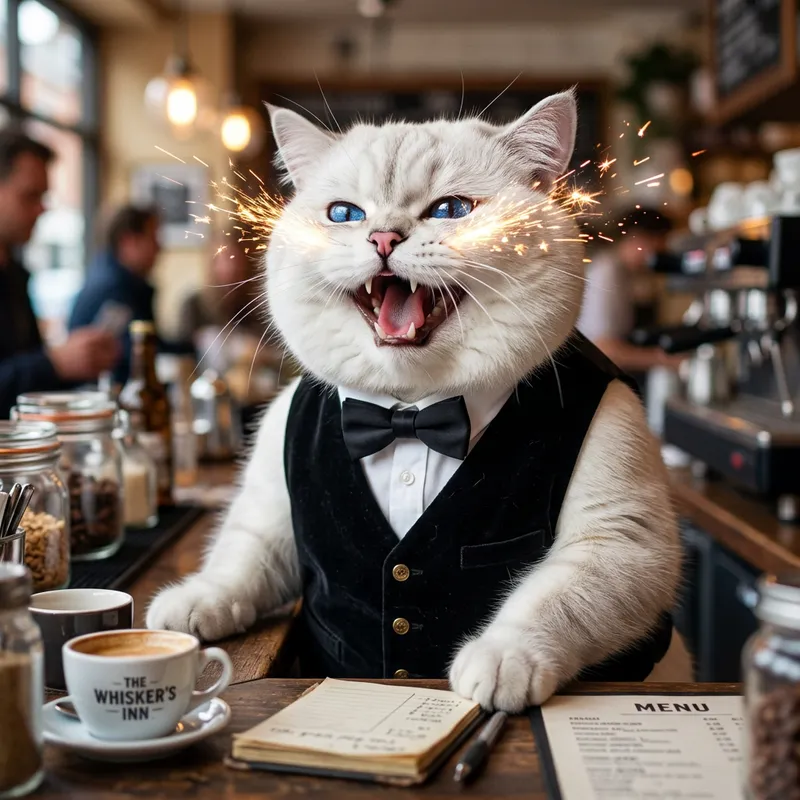 Realistic British Cat in White Waiter Costume Laughing at Café