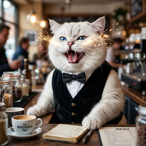 Waiter Cat | Realistic British Cat with Blue Eyes Laughing at Café