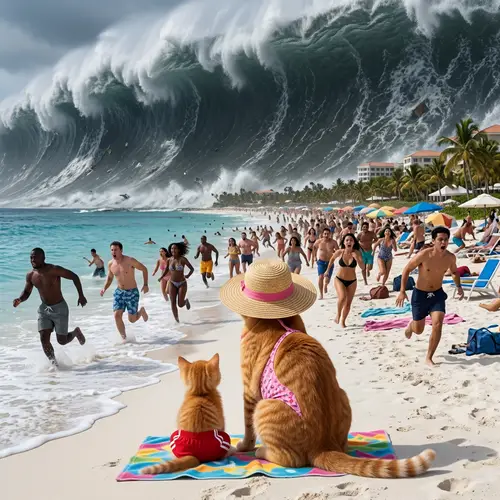 Immaculate Ginger Cat and Kitten Beach Scene with Approaching Tsunami