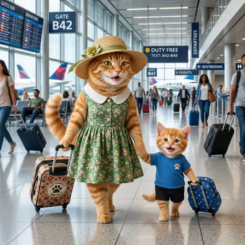 Ginger Cat and Kitten Traveling in Style - Realistic Artwork