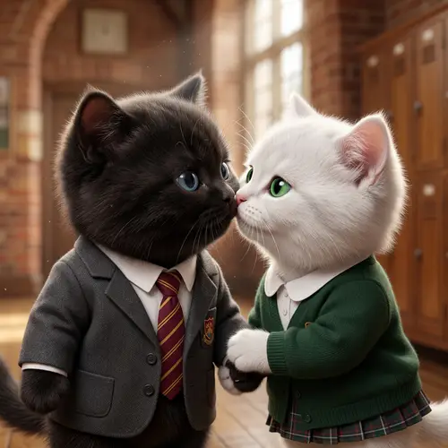 Animated Black and White Cats Kissing - Hyper-Realistic Style