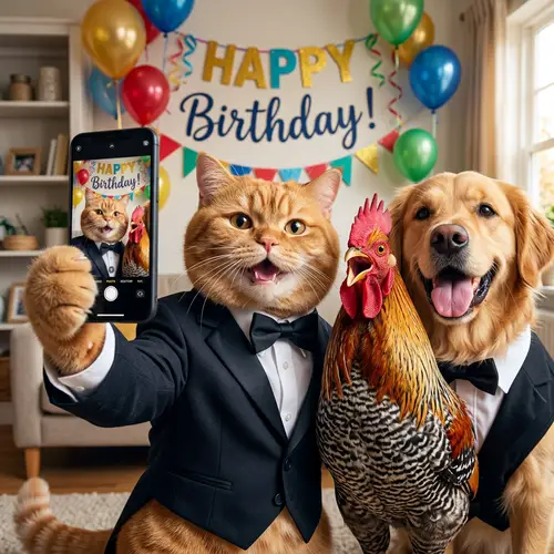 Hyperrealistic Cartoon Cat Taking Selfie with Rooster | British Cat Tuxedo
