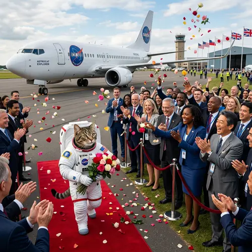Astronaut Cat Receives Warm Welcome with Roses | Hyperrealistic Art