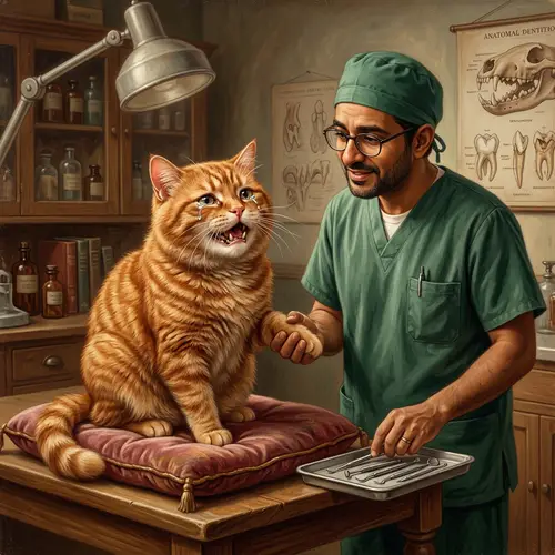 Animated Ginger Cat with Diseased Teeth and Dental Surgeon - Hyperrealism Art
