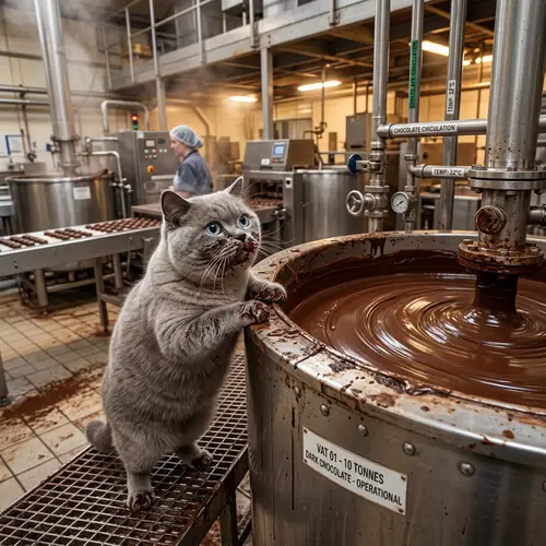 Chubby British Grey Cat at Chocolate Production Factory