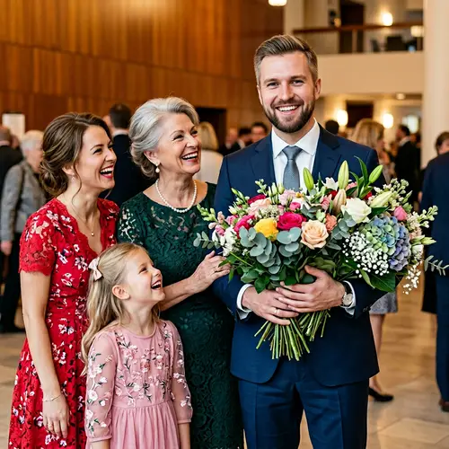 Beautiful Family Portrait with Gorgeous Flowers in Hyperrealistic Style