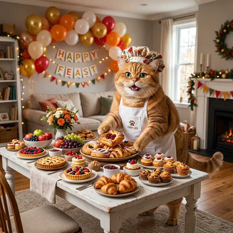 Realistic British Cat Chef Serving Pastries in Spacious Room