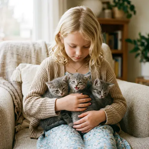 Beautiful Blonde Girl Holding Three Grey Kittens - Emotional Scene