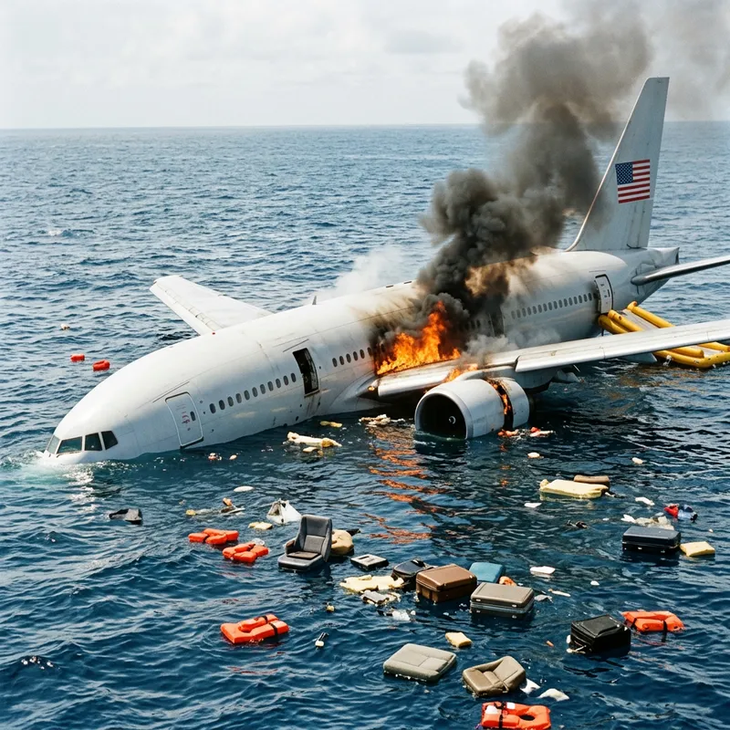 Hyperrealistic Art of White Plane Crash in USA Flag Ocean