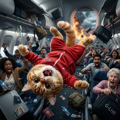 Ginger British Cat in Red Tracksuit Plunging in Airplane Chaos
