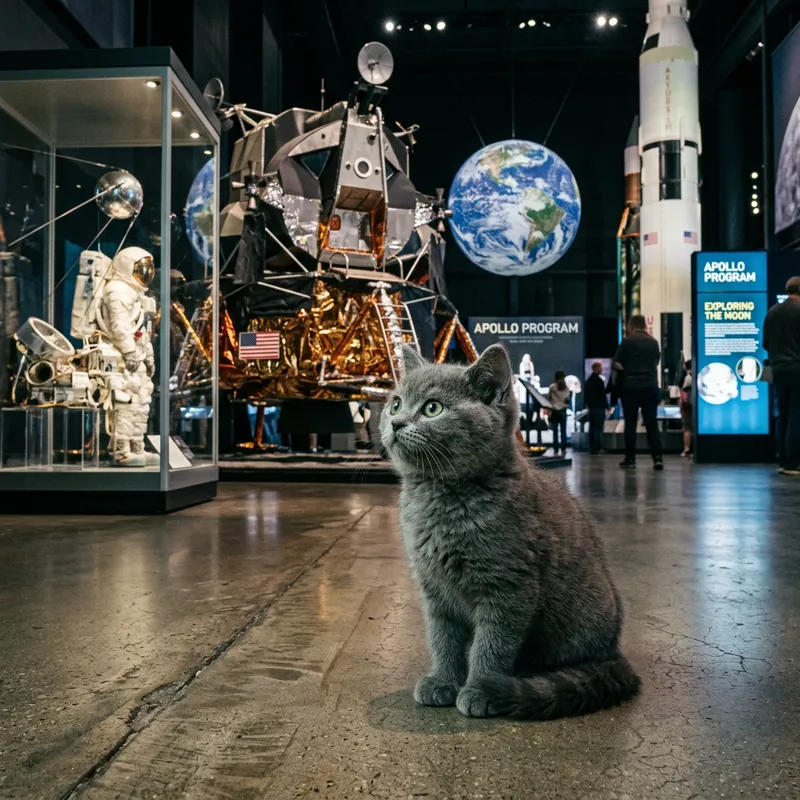 Hyperrealistic Scene: Grey British Shorthair Kitten in Space Museum
