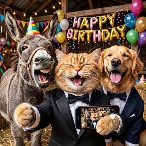 Hyperrealistic Cartoon-Inspired Cat and Donkey Birthday Celebration