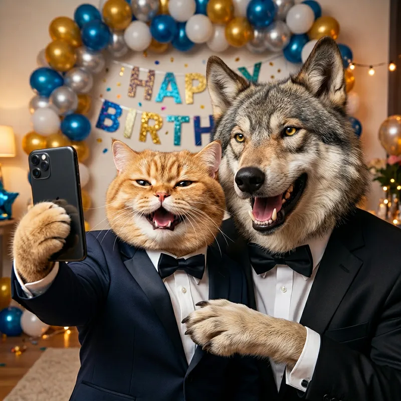 Realistic Cartoon Rendition: Chubby British Cat, Wolf Selfie & Birthday Balloons