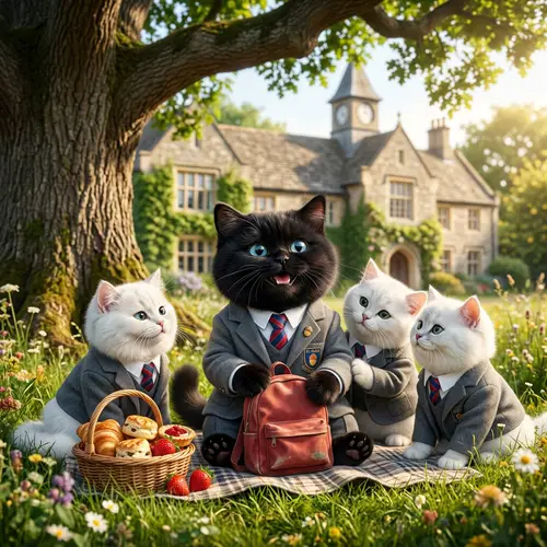 Enchanting Animated British Cat in School Uniform on Green Meadow