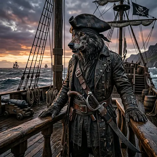 Menacing Pirate-Wolf on Pirate Ship - Hyperrealism Art