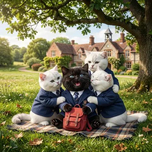 British Blue-Eyed Cartoon Cat in School Uniform with Red Backpack