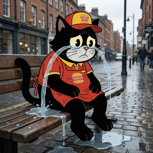 Sad Cartoon Black Cat Crying on Bench | Hyperrealism Theme