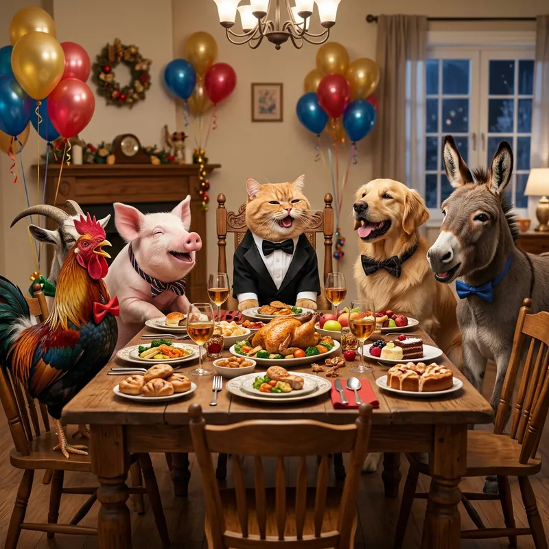 Whimsical British Cat in Formal Attire Hosts Dinner Party