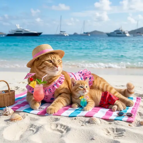 Adorable Ginger Cat and Kitten Enjoying Beach Vacation