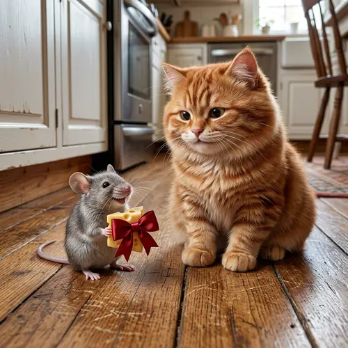 Adorable Gray Mouse and Red Cartoon Cat with Cheese
