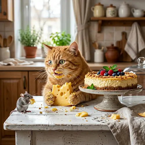Adorable Cartoonish Ginger Cat and Grey Mouse with Cheese