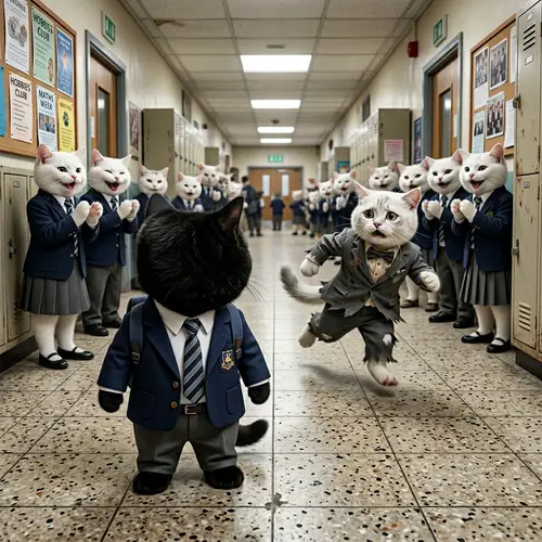 Cartoonish British Black Cat in School Uniform | Realistic Photo