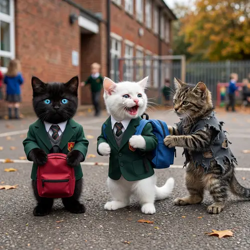Realistic Cartoon Black British Cat in School Uniform with Blue Eyes