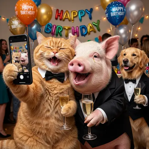 Charming British Cat and Pig Birthday Celebration | Hyperrealism Art