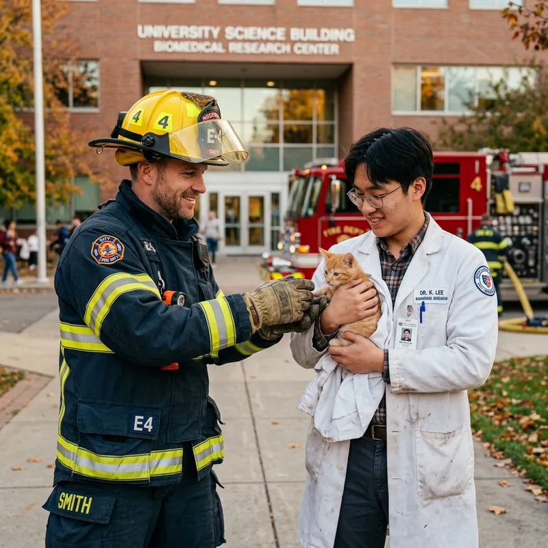Aesthetic Hyperrealism: Caucasian Firefighter Passes Orange Kitten to Asian Scientist
