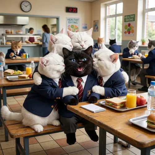 Cartoon Black British Shorthair Cat in School Uniform Smiling