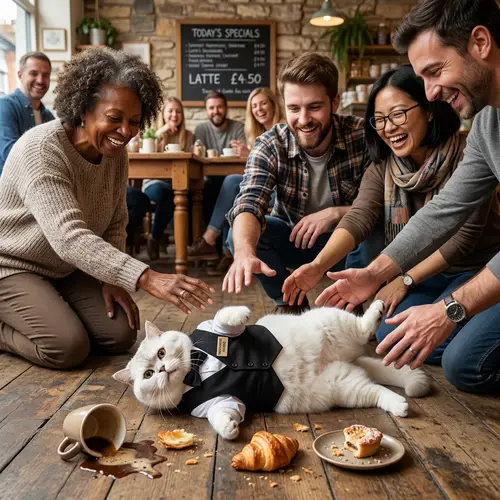 Fluffy British Cat Waiter's Mishap in Cafe Scene | Hyperrealism Art